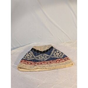 VTG Eddie Bauer Pure Wool Knit Beanie Hat Fair Isle Nordic Blue Cream Made in US